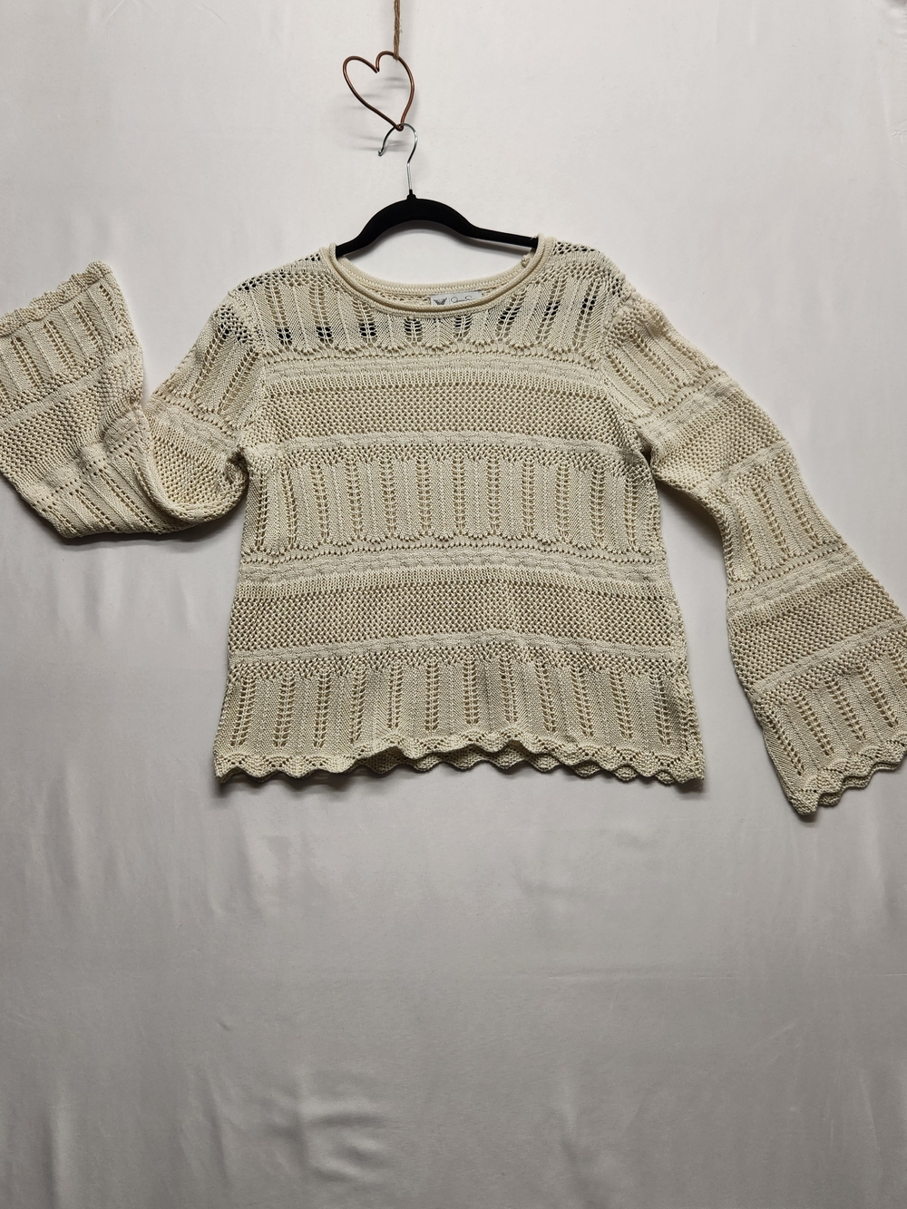 ⭐️Jessica Simpson Cream Pointelle Knit Sweater Bell Sleeve Crochet Pullover Med